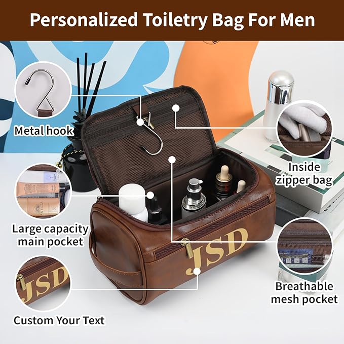 Personalized Leather Toiletry Bag for Men, Large Capacity Toiletry Travel Bag, PU Leather Waterproof Shaving Toiletry Bag, Travel Essentials Customized Gifts for Husband (Style 3)
