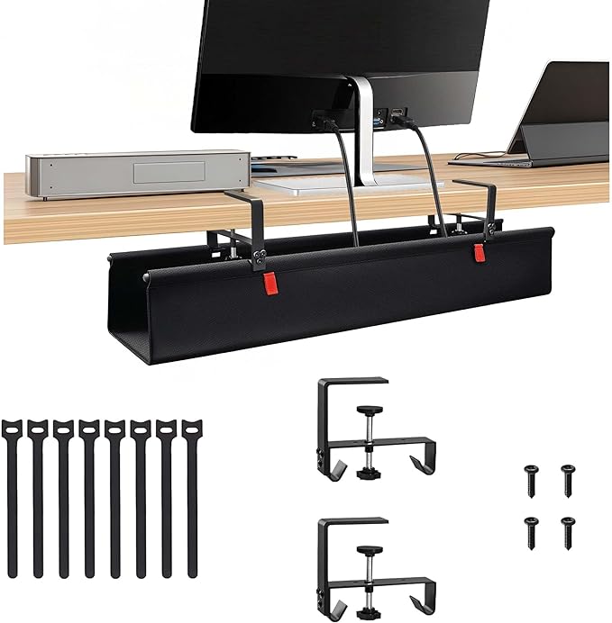 No Drill Cable Management Under Desk, 28" Cord Organizer for Table, Clamp/Screw Mount Cable Tray, Premium Black Fabric Desk Cord Management Tray for Office, Home (Regular (28 in))
