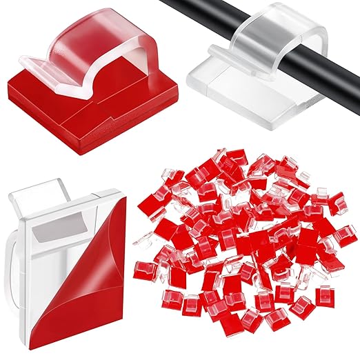 Blulu 100 Pcs Adhesive Cable Wire Clips, Outdoor Light Clips, Cord Management Wire Organizer Cord Holder for Holiday String Lights, Under Desk, Car, Wall, TV PC Ethernet Cable(Small,Clear)