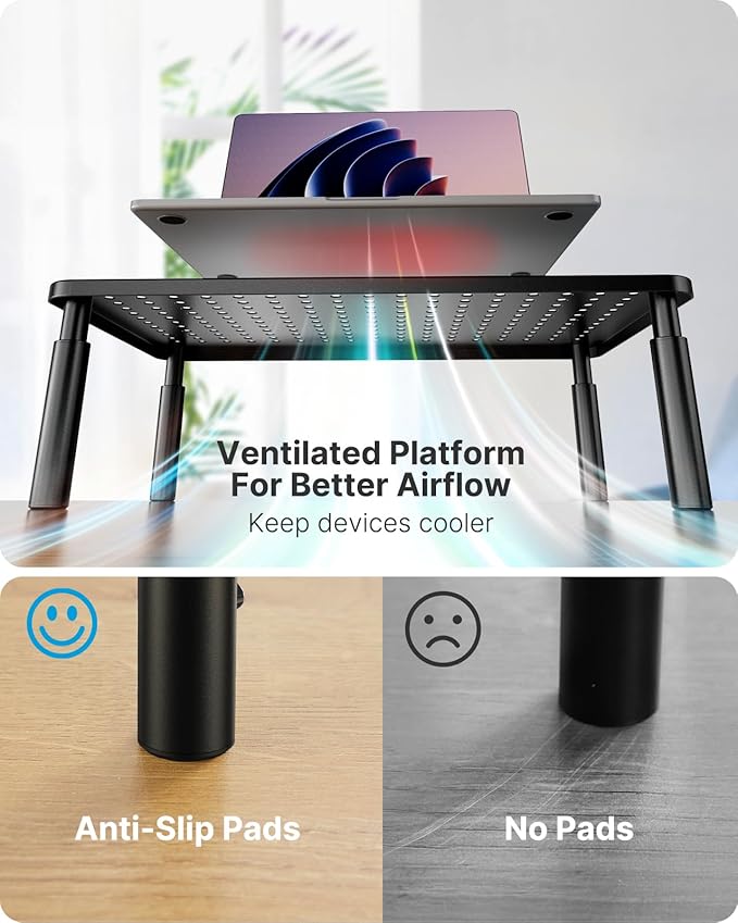 HUANUO Monitor Stand, Monitor Stand Riser 3 Height Adjustable, Monitor Riser with Airflow Vents, Laptop Stand for Desk, Laptop Riser, Desk Organizer for Monitor, 15.6" Laptop, PC, Printer