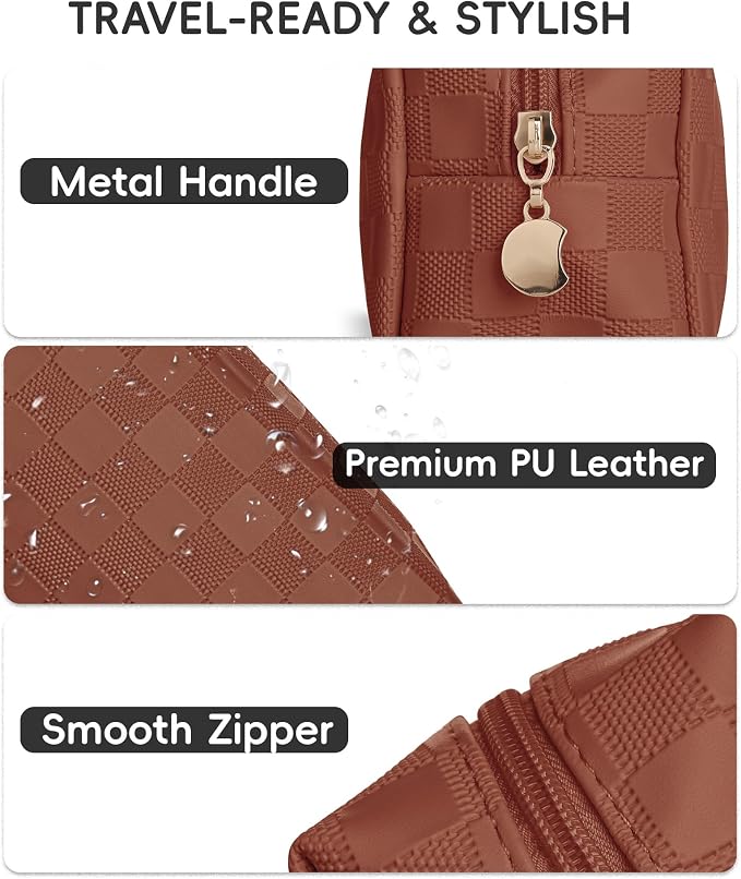 Checkered Makeup Bag for Purse - Cute PU Leather Travel Cosmetic Pouch for Women, Portable Flat Toiletry Organizer with Gold Zipper(brown)