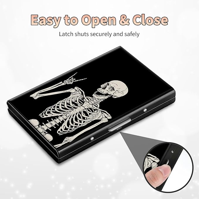 Slim Credit Card Holder, Skull Skeleton RFID Blocking Metal Wallet for Men & Women, Aluminum Minimalist Hard Case Pocket-Sized Business Cards Organizer (Fits Up to 10 Cards)
