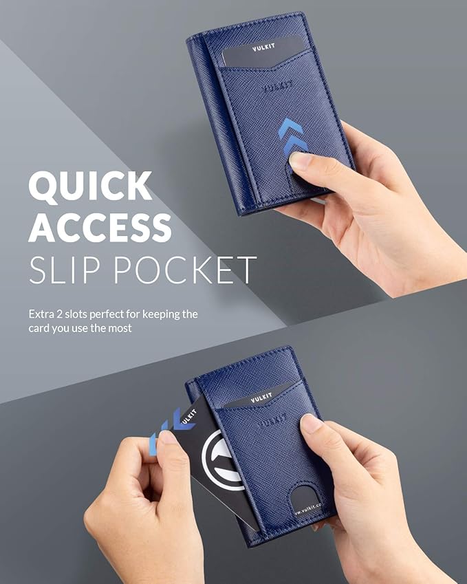 VULKIT Bifold Front Pocket Slim Wallet RFID Blocking Minimalist Thin Leather Credit Card Holder Wallet for Men and Women Cross Navy