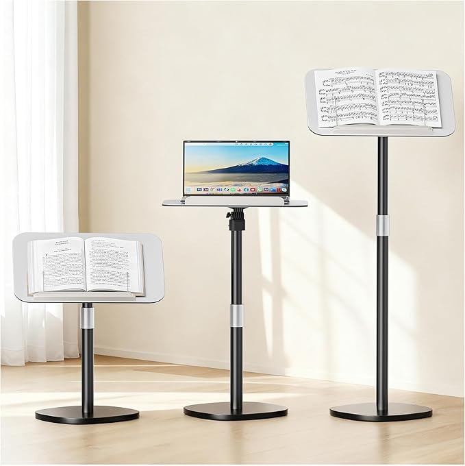 Floor Book Stand - Height Adjustable 26.4-56.3" Reading Holder with Page Clips, 180° Tilting Aluminum Panel for Heavy Books, Sheet Music, Laptops & Projectors - Portable Podium Stand