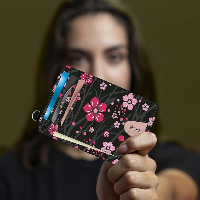 Small Travel Wallets, Pink Cherry Blossom Slim Minimalist Front Pocket Wallet with Wristlet, RFID Blocking PU Leather Credit Card Holder with ID Window Change Purse for Men Women