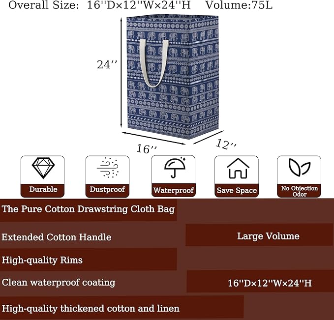 Waterproof Laundry Hamper Collapsible Laundry Basket Extended Cotton Handle Laundry Bag Large Clothes Storage Toy Organization for Bathroom Bedroom Laundryroom College Dorms