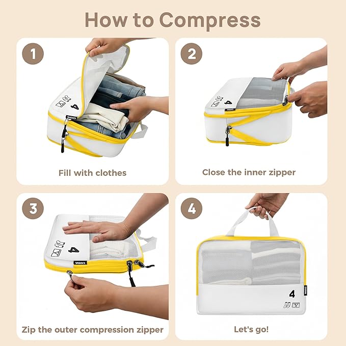 7 Set Compression Packing Cubes Travel Accessories Expandable Packing Organizers (White)