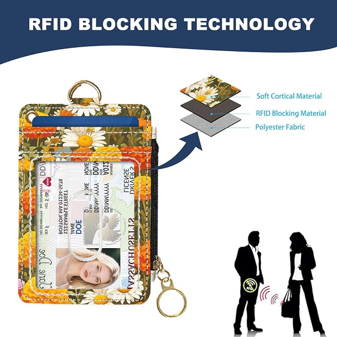 Slim Wallet Credit Card Holder, Cat and Yellow Flower, RFID Wallet Women Cute Small Front Pocket Wallet With Zipper, PU Leather Thin travel RFID Blocking Card Case ID Window,Ladies Gifts
