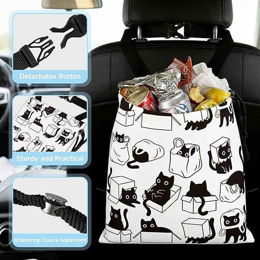 Playful Black Cat Car Trash Bag - Waterproof Car Trash Bag Hanging Leakproof Car Garbage Bag - Washable Reusable Trash Bag For Car Interior Hanging Organizer Storage Vehicle Travelling Camping