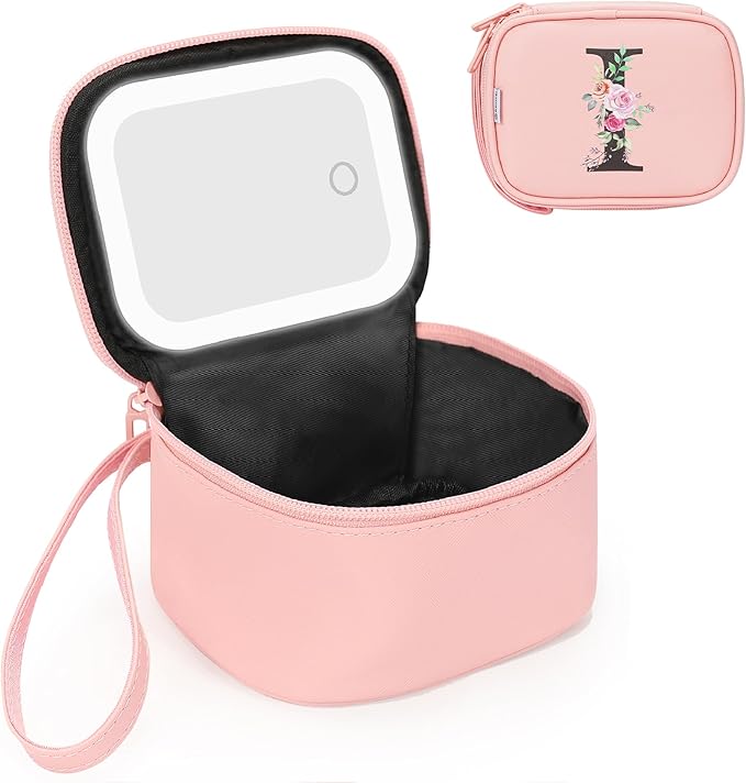 Relavel Mini Makeup Bag with Led Mirror for Women, Small Initial Cosmetic Travel Bags, Personalized Makeup Pouch with 3 Light Modes, Preppy Gifts for Friends Teen Girls - Pink I