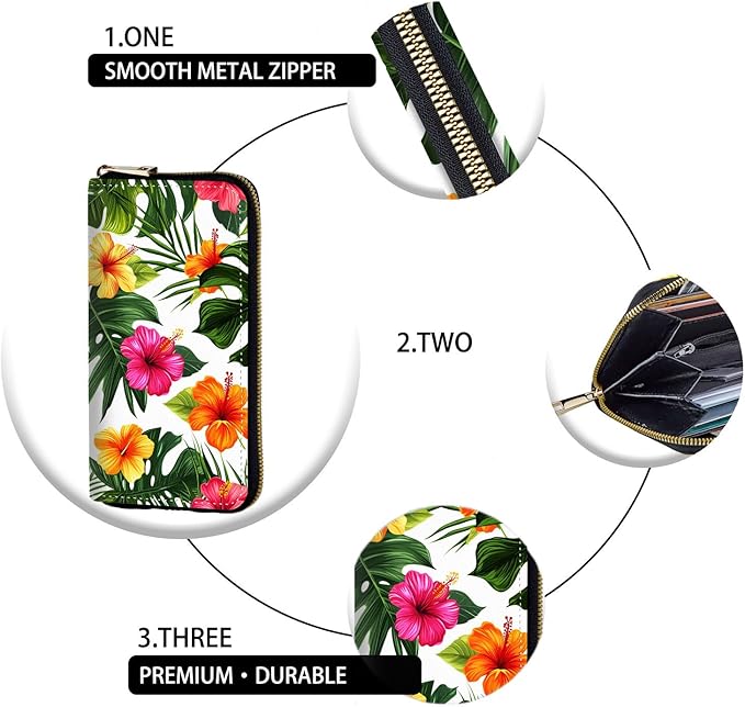 Women's RFID Blocking Zip Around Wallet with Detachable Wrist Strap, Large Capacity Credit Card Holder Organizer for Everyday Use,Tropical Hibiscus Pattern