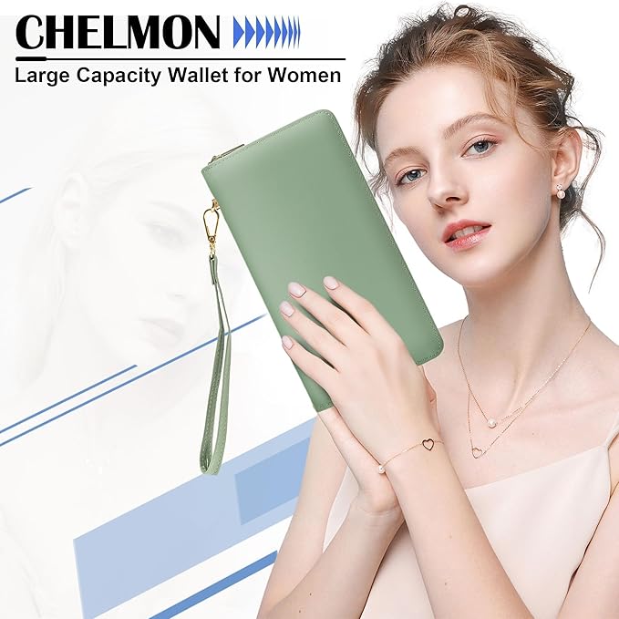 Chelmon Women's Vegan Leather Clutch Wallet with Zip, Hand Strap, Large Capacity