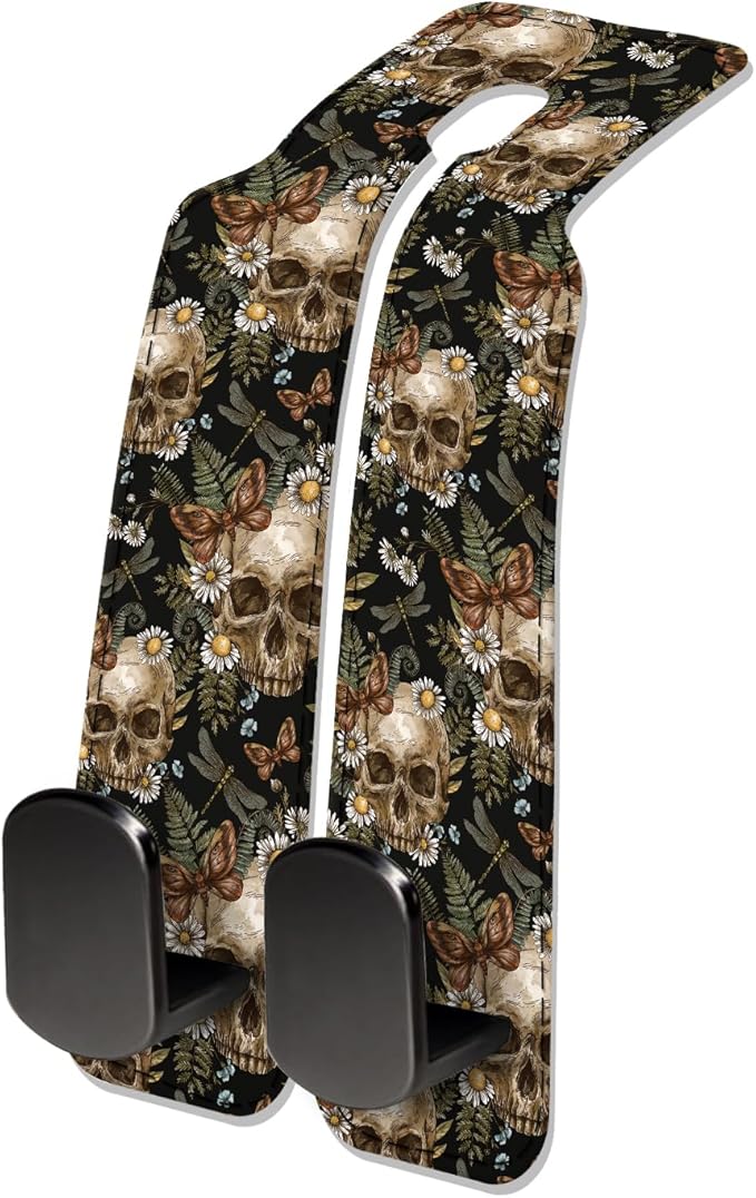 Car Seat Headrest Hook, Universal Leather Cute Hanger Holder Hook, Storage Organizer Interior Accessories for Purse Bags Handbag Cute Retro Flower Skulls