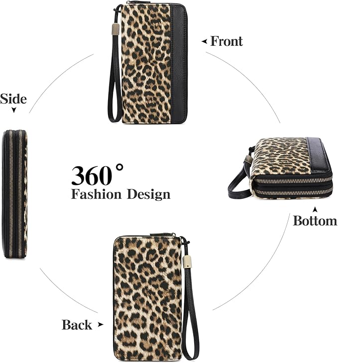 GOIACII Women's Wallet Large Capacity Double Zip Ladies Card Phone Holder RFID Blocking Wristlet Leather