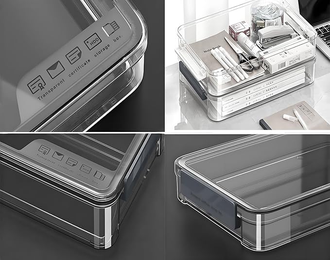 2 Pcs Plastic Portable Project Case, Clear Stackable Storage Boxes Organizer for A4 Files, Scrapbooks, Art Supplies (‎Blue Latch, Small)