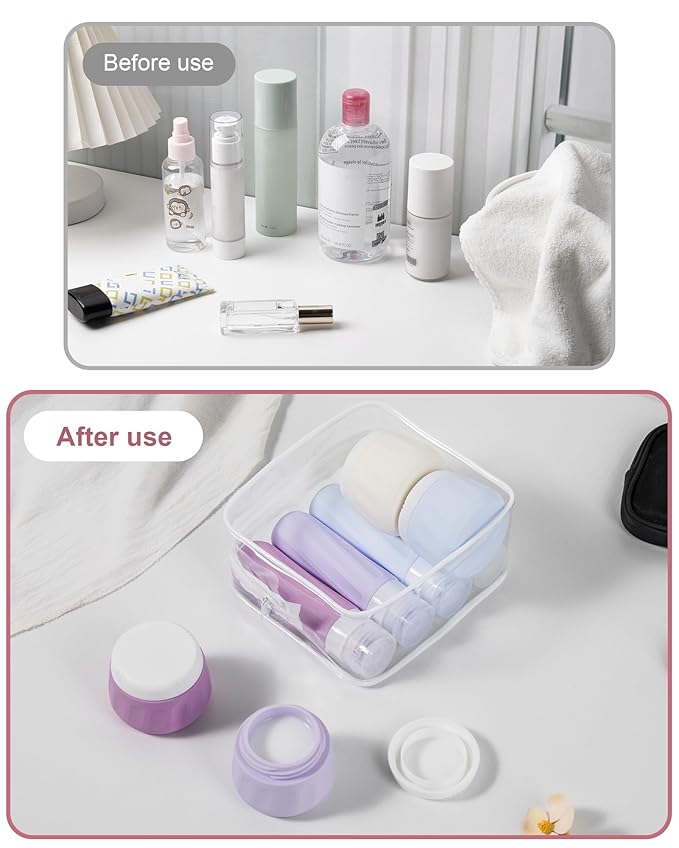 Mrsdry Travel Size Toiletries 8 Pack, TSA Approved 3oz Silicone Squeeze Bottles & Cream Jars with Clear Travel Bag