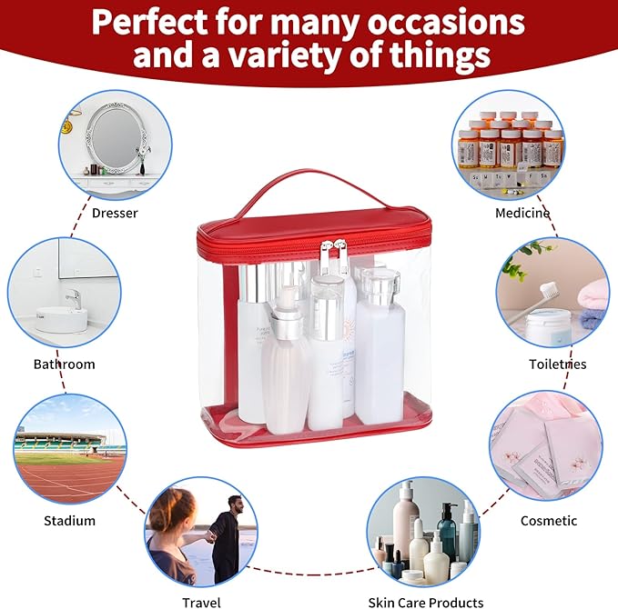 HAOGUAGUA Heavy Duty Leak Proof Clear Travel Bags for Toiletries, Transparent Makeup Cosmetic Bag with Zipper and Handle (1PCS RED, Large)