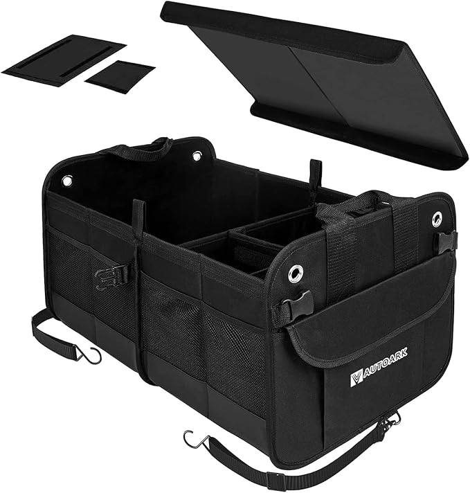 AUTOARK Multipurpose Car Trunk Organizer with Foldable Cover and Straps,Non-Slip Waterproof Bottom,Durable Collapsible Adjustable Compartments Cargo Storage,Black,AK-102