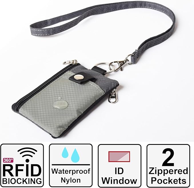 CHENSPRX Minimalist RFID Blocking Small Wallet with ID Window,WaterResistant Zip Id Case Wallet with Lanyard Keychain for Cards,Cash,Travel,Women,Men
