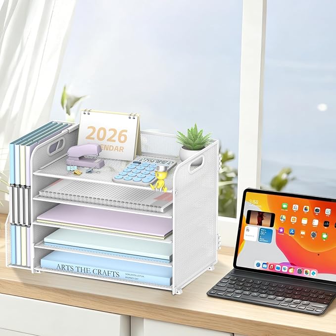 SUPEASY 5-Tier Desk Organizer with File Holder, Desk Organizers and Accessories, Paper Organizer for Desk, Mesh Desktop File Organizer, Workspace Organizers for Office School Home, White