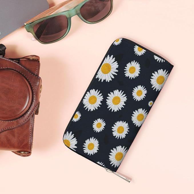 Sunflower Daisy Floral Wallet for Men Women Elegant Long Clutch Zip Around Travel Leather Coin Purse Large Capacity Credit Card Holder Handbag