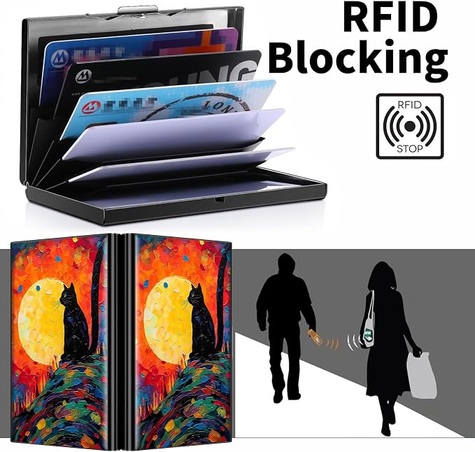 Metal Wallet for Women Men Girls, RFID Blocking Slim Aluminum Credit Card Holder, Mini Travel Wallet with Hard Shell, Lightweight ID & Business Card Case,Art Black Cat Sun