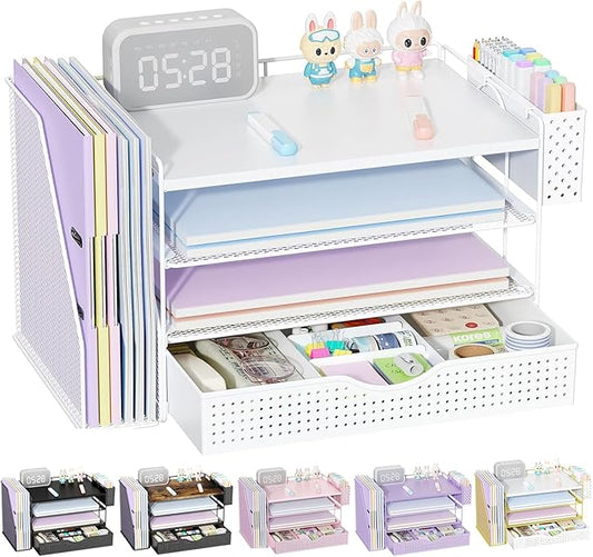 gianotter Wood Desk Organizers and Accessories with File Holder, 4-Tier Desk Accessories & Workspace Organizers with Drawer and Pen Holder, Paper Organizer for Office Supplies (White)