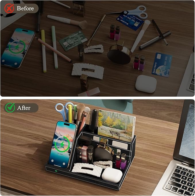 TopMade Wireless Charger Desk Nightstand Organizer, Leather Pen Holder Office Supplies Desk Accessories Fast Charging Station, Remote Control Holder, for iphone Charger Stand Gifts for Men (Black)
