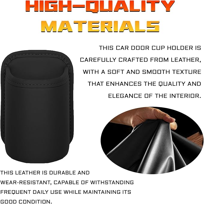 2 PCS Leather Car Door Cup Holder, Clip On Backseat & Side Door Beverage Organizer, Waterproof Scratch-Resistant Multifunctional Storage for Cup Phone Change, Universal for Cars Trucks (Black)