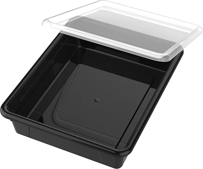 Storex Letter Size Flat Storage Tray – Organizer Bin with Non-Snap Lid for Classroom, Office and Home, Black, 5-Pack (62535A05C)