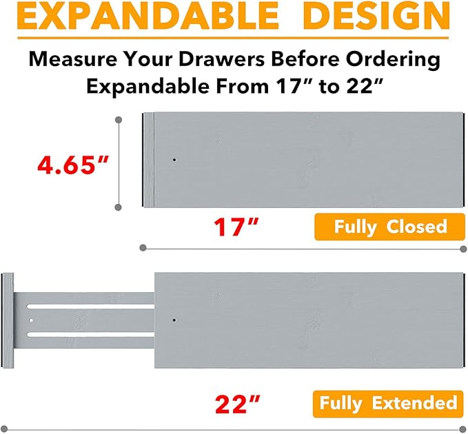 SpaceAid Bamboo 4 Pack Dresser Drawer Dividers, 4.65??High Adjustable 17??22??Drawer Organizers, Expandable Organization for Clothing, Clothes, Dressers, Gray
