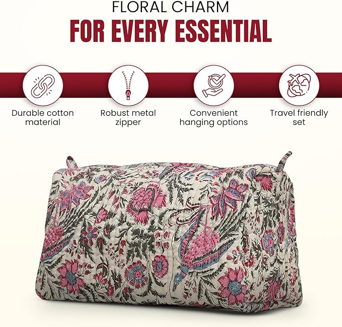 Cotton Hand Block Floral Print Toiletry Bag For Women Make Up Cosmetic Bag Jewelry Organizer Kit Storage Case Travel Accessories Essential Toiletries Purse Pouch (Multi - Set of 3, Small Medium Large)