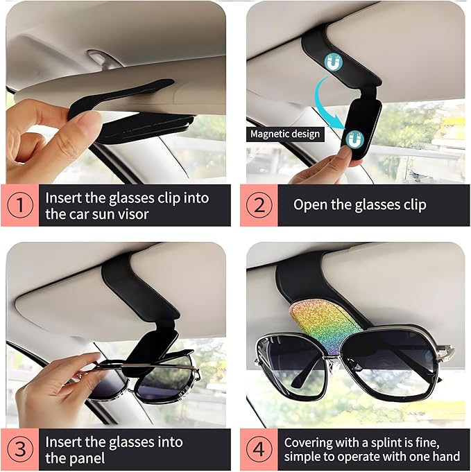 Sunglasses Holder for Car Visor, PU Leather Glasses Clip Organizer, Cute Magnetic Eyeglass Holder for Vehicle Sun Visor, Car Interior Accessory for Women & Men Rainbow Gold Glitter