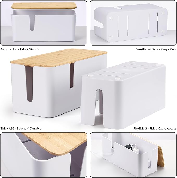 ZhiYo Bamboo Lid Cord Organizer Box, Safe ABS Cable Management Box for TV and Computer, Wood Cover Cord Hider to Hide Wires, Router, USB Hub & Under Desk Power Strip, 1 Pack L13.1 xW5.6 xH5.6 White