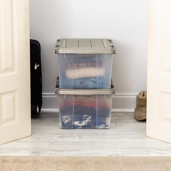 IRIS USA 44 Qt Storage Bins with Gasket Seal Lid, 2 Pack - BPA-Free, Heavy Duty Moving Containers Tight Latch, Weather Proof Tote, WEATHERPRO - Clear/Chrome