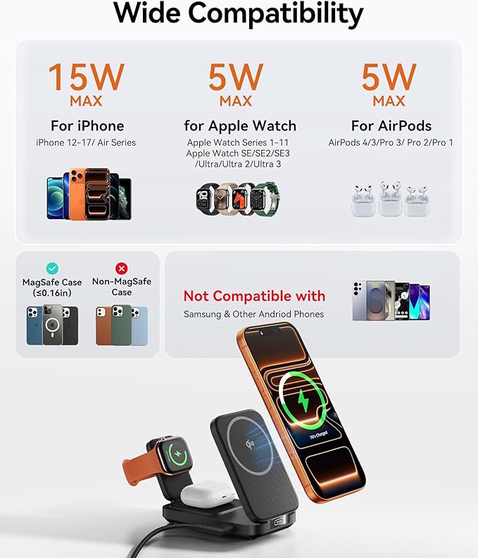 INIU 3-in-1 Charging Station for Apple Device, Qi2 Certified 15W Fast Magnetic Wireless Charger Dock, Travel Charging Compatible with Mag-Safe for iPhone 17 16 15 14 13 12 Series, Apple Watch &AirPods
