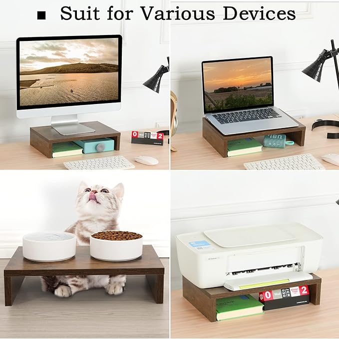TEAMIX 2 Pack and 2 Drawers Rustic Brown Wood Monitor Stand Riser for 2 Monitors/Laptop/PC, Wood Screen/TV Stand Desk Organizer.