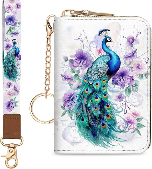 Blusabaca Credit Card Holder for Women, Peacock Small RFID Blocking Wallet with Wristlet Strap, Keychain Wristlet Zipper Women Wallet, Leather Card Case, Accordion Card Wallet Purse with Key Lanyard