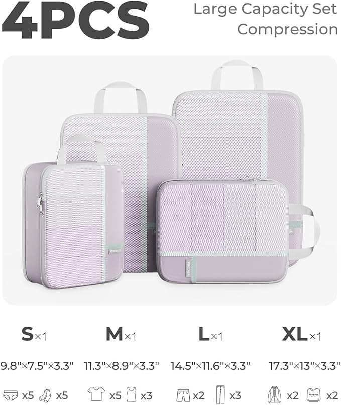 Percover Compression Packing Cubes 4-Piece Set, Packing Cubes Compression for Travel with Label Pockets, Travel Organizer for Carry On & Checked Luggage, Purple