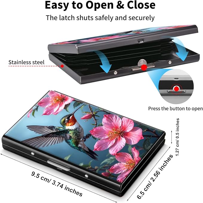 Metal Wallet,Credit Card Holder for Women Men,RFID Blocking Card Holder Mini Slim Aluminum Wallet ID Case Hard Case Business Card Holder Case,Hummingbird Flower