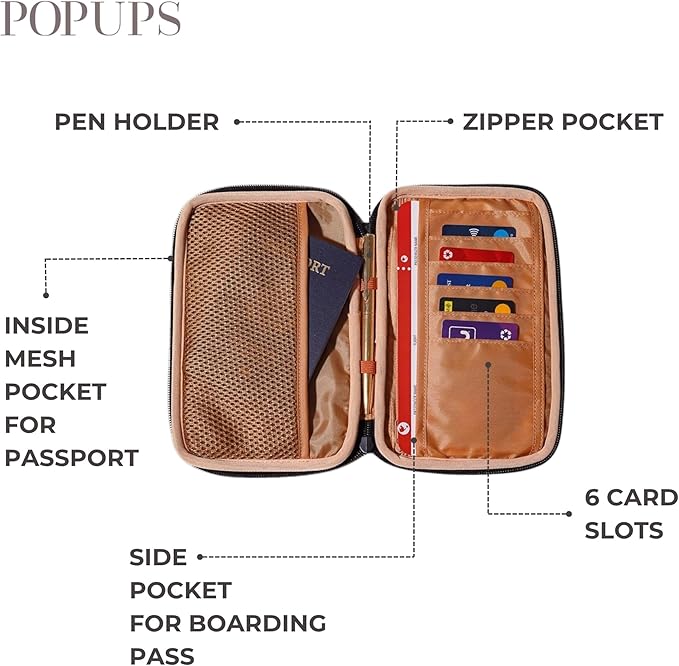 POPUPS Passport Travel Wallet for Women - Large Multiple Document Organizer and Holder with Wristlet (Black)