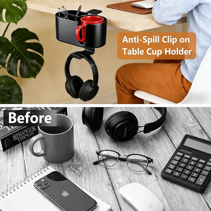 MYITYARD 4 in 1 Desk Cup Holder, Clamp On Drink Holder with Headphone Hanger, Anti-Spill Clip on Desk Organizer for Pen Phone Mug, Gaming Office Desk Accessories fits Most Desks