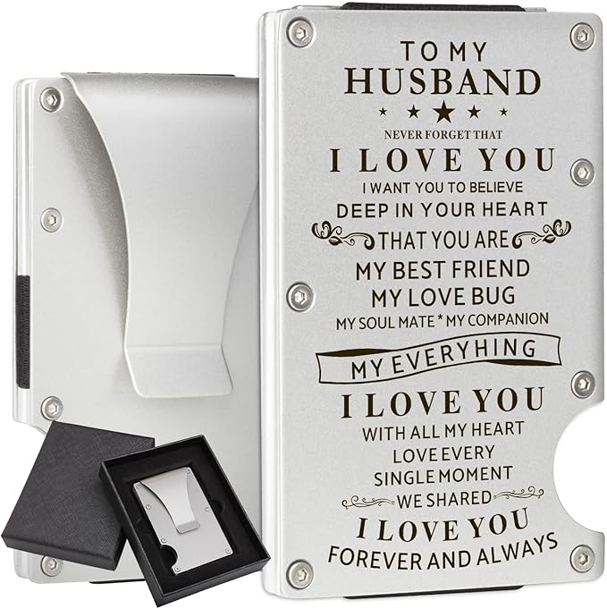 awofer Personalized Wallet for Husband Mens Carbon Fiber Wallets Gift for Husband from Wife Engraved Clip Wallet for Men Gifts Anniversary Minimalist RFID Metal Wallets for Him on Christmas