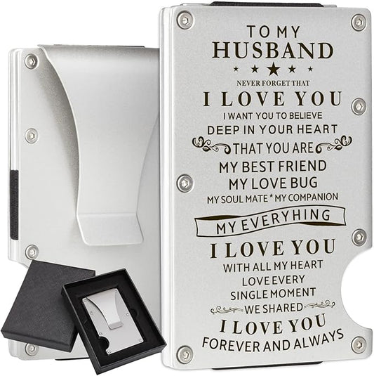awofer Personalized Wallet for Husband Mens Carbon Fiber Wallets Gift for Husband from Wife Engraved Clip Wallet for Men Gifts Anniversary Minimalist RFID Metal Wallets for Him on Christmas