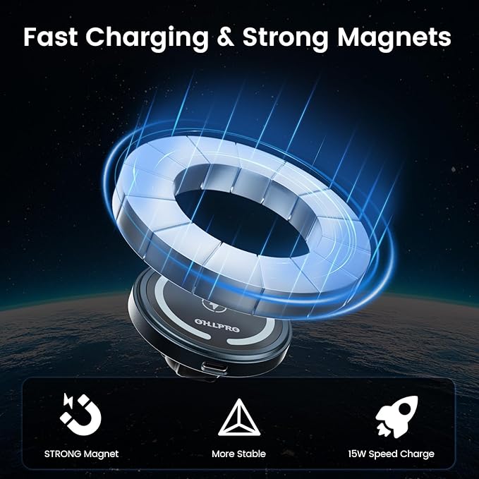 OHLPRO for MagSafe Car Mount Charger iPhone Wireless Car Charger, Stick on Dashboard Magnetic Phone Holder Mount for iPhone 17 Pro Max 16 15 14 Series, 15W Fast Charging, Aluminum Shell