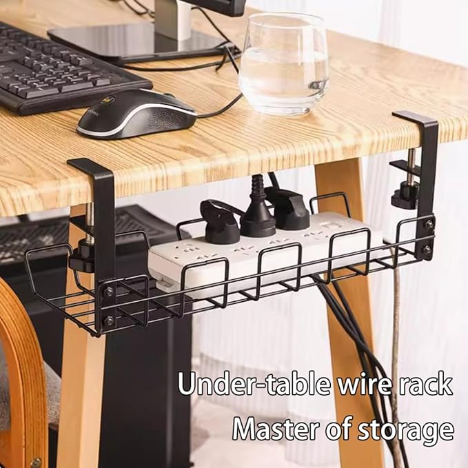 No-Drill Hanging Carbon Steel Cable Organizer Rack for Under Desk – Black, Large Capacity, Multi-Functional