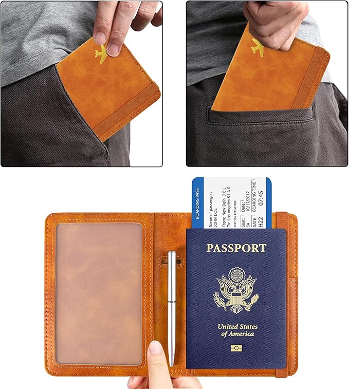 ACdream Passport and Vaccine Card Holder Combo, Cover Case with CDC Vaccination Card Slot, Leather Travel Documents Organizer Protector, with RFID Blocking, for Women and Men, C - Yellow & Plane, C