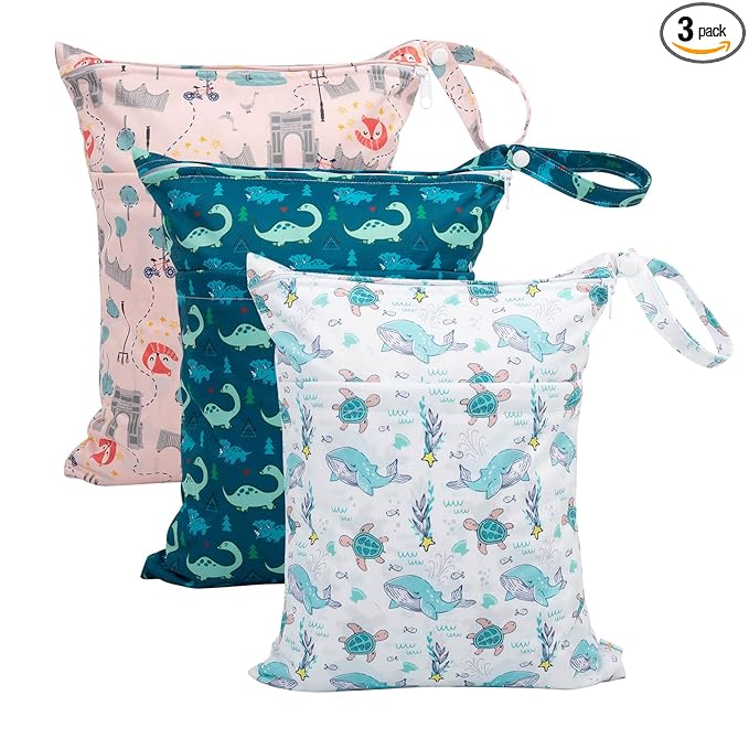 babygoal Wet Dry Bags 3 Pack for Baby Cloth Diapers, Washable Travel Bags, Beach, Pool, Gym Bag for Swimsuits & Wet Clothes with Two Zippered Pockets 3LN17