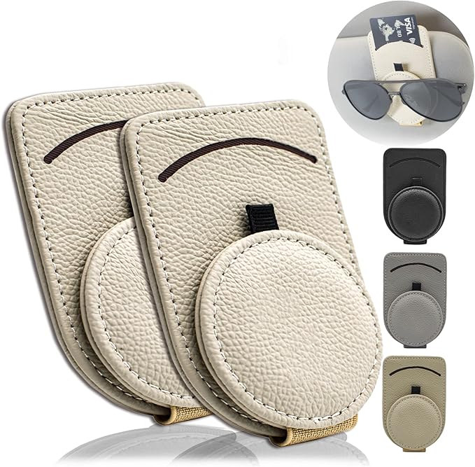 Sunglass Holder for Car Visor, Magnet Adsorbed Sunglasses Holder for Car Accessories Parts, Leather Car Sunglass Holder, Car Visor Sunglasses Clip for Glasses Cards (2PCS, Beige)