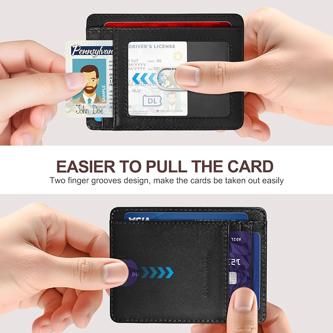 Slim Minimalist Front Pocket Thin Wallet RFID Blocking 100% Genuine Grain Leather Credit Card Holder for Men Women with Gift Box - Grain Leather Black